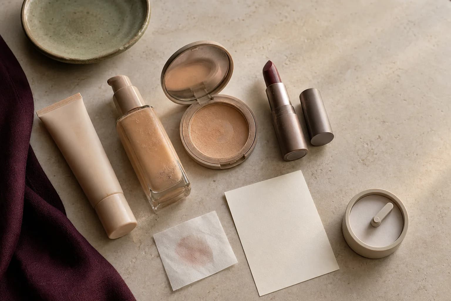 Owned makeup products laid out in application order for an evening wear check-in.
